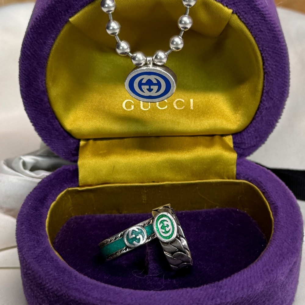 GUCCI Enamel Trio: Blue Interlocking G Necklace & (2) Turquoise Rings